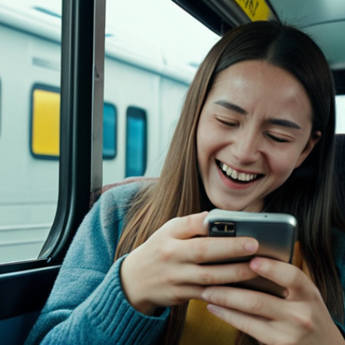 Home 19 A person on a long bus journey happily watching a movie on their smartphone. Show the interior of the bus and emphasize the enjoyment of the traveler thanks to OTT entertainment.