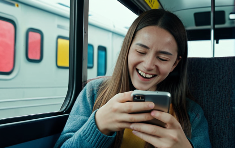A person on a long bus journey happily watching a movie on their smartphone. Show the interior of the bus and emphasize the enjoyment of the traveler thanks to OTT entertainment.