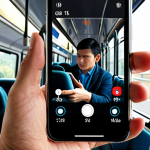 **A person comfortably streaming a movie on their smartphone while commuting on a bus, highlighting the convenience of 5G for uninterrupted video playback.**