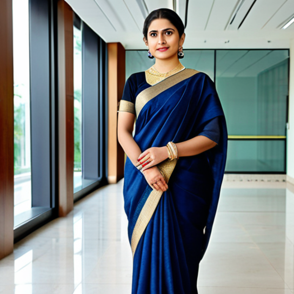 **
"A professional businesswoman in a modest saree, standing confidently in a modern office building lobby, fully clothed, appropriate attire, safe for work, perfect anatomy, natural proportions, professional photograph, high quality, family-friendly."
**