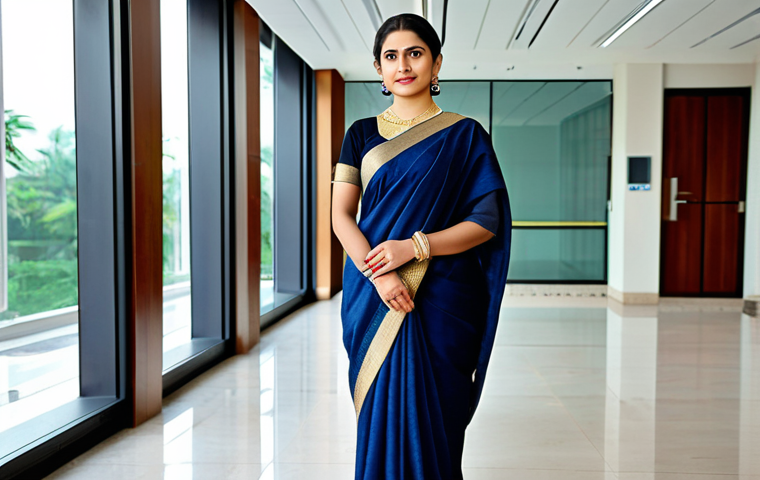 **
"A professional businesswoman in a modest saree, standing confidently in a modern office building lobby, fully clothed, appropriate attire, safe for work, perfect anatomy, natural proportions, professional photograph, high quality, family-friendly."
**