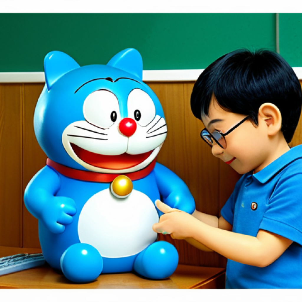 A bright and cheerful cartoon of Doraemon offering Nobita a helpful gadget in a playful setting, fully clothed, safe for work, appropriate content, modest, family-friendly, perfect anatomy, natural proportions, well-formed hands, proper finger count, natural body proportions.
