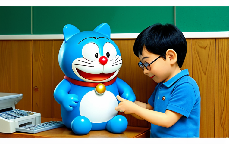 A bright and cheerful cartoon of Doraemon offering Nobita a helpful gadget in a playful setting, fully clothed, safe for work, appropriate content, modest, family-friendly, perfect anatomy, natural proportions, well-formed hands, proper finger count, natural body proportions.