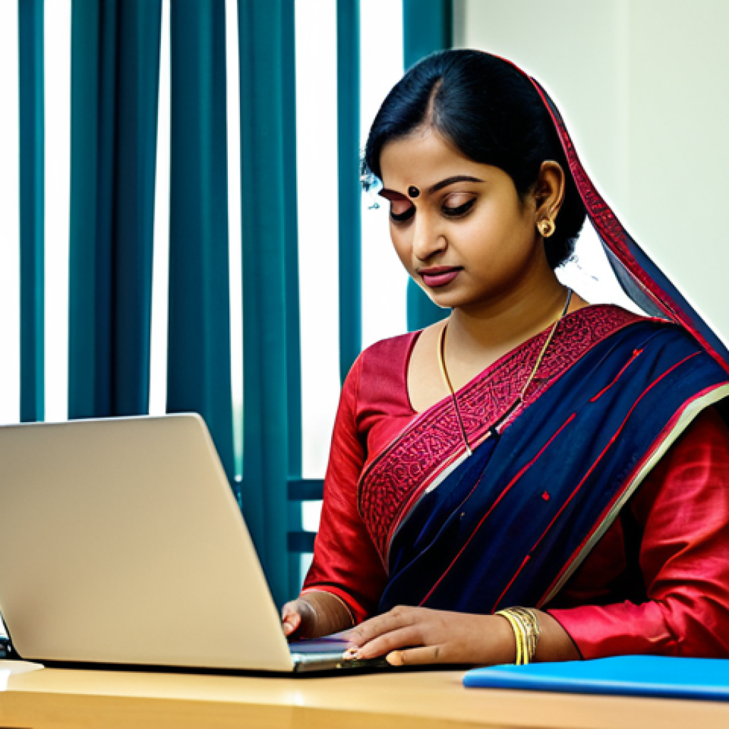 A professional Bengali woman in a modest saree, working on a laptop in a modern office in Dhaka, fully clothed, appropriate attire, safe for work, perfect anatomy, natural proportions, professional photography, high quality.
