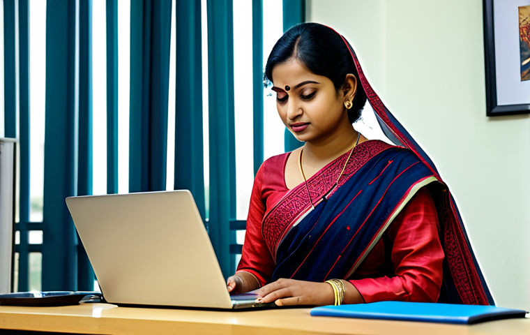 A professional Bengali woman in a modest saree, working on a laptop in a modern office in Dhaka, fully clothed, appropriate attire, safe for work, perfect anatomy, natural proportions, professional photography, high quality.