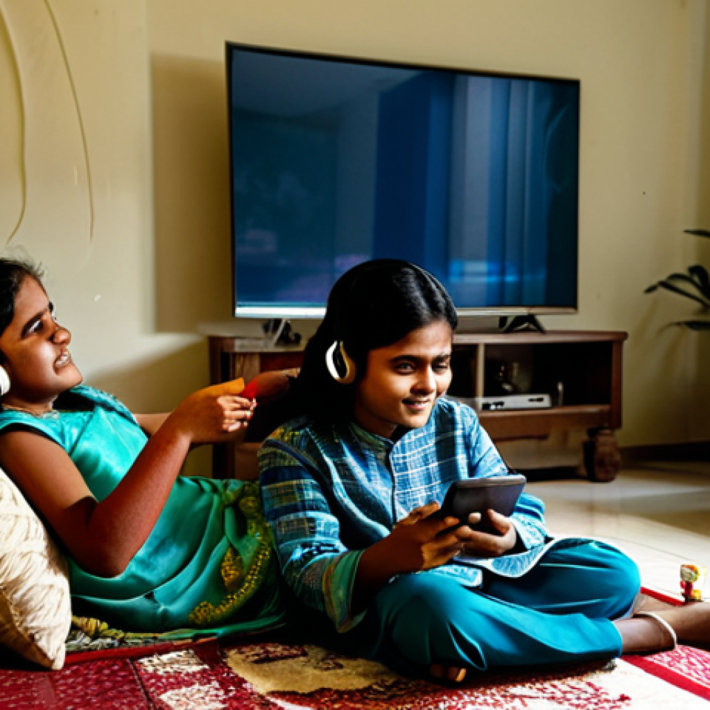 OTT 플랫폼 시장 경쟁 - **Prompt 1: Everyday OTT Immersion**
A warm, inviting living room scene in a modern Bangladeshi ...