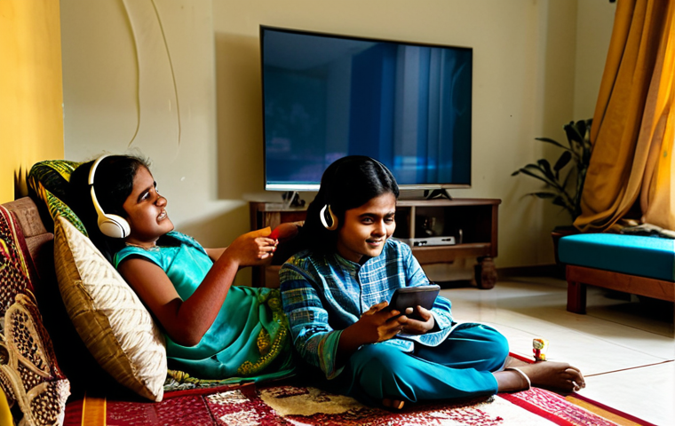 OTT 플랫폼 시장 경쟁 - **Prompt 1: Everyday OTT Immersion**
A warm, inviting living room scene in a modern Bangladeshi ...