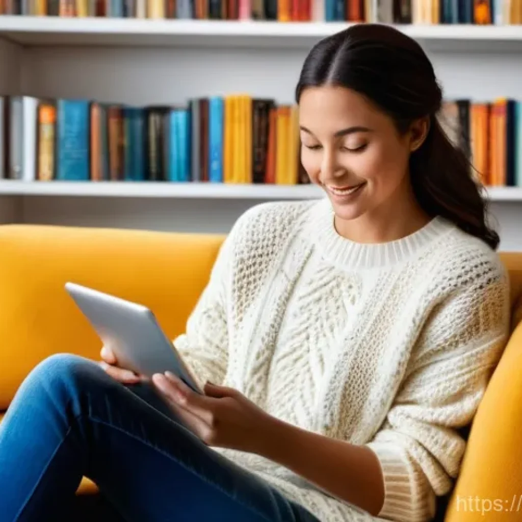 OTT 콘텐츠 소장 옵션 - **Prompt:** A cozy, warm-toned living room bathed in soft, natural light. A woman in her late 30s, d...