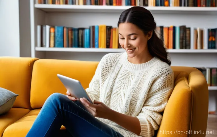 OTT 콘텐츠 소장 옵션 - **Prompt:** A cozy, warm-toned living room bathed in soft, natural light. A woman in her late 30s, d...