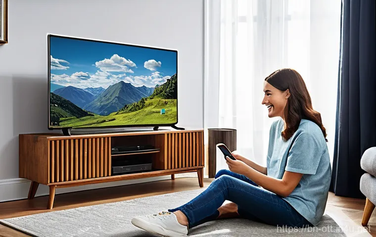 OTT 스마트폰 연결 방법 - Wired Wonders: The HDMI Connection**
A young adult, wearing comfortable everyday clothes (t-shirt an...