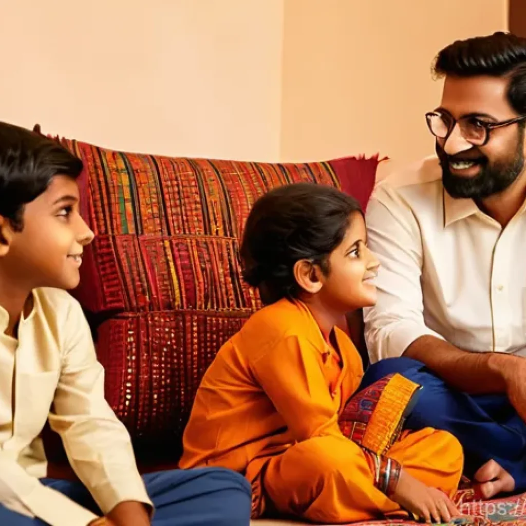 OTT 서비스 변화 트렌드 - **Prompt:** A heartwarming scene of a modern Bengali family (father, mother, and two children, aged ...