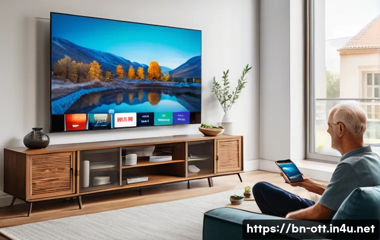 OTT 플랫폼 트렌드 - **Prompt:** "A diverse group of people, ranging from young adults to seniors, are comfortably enjoyi...